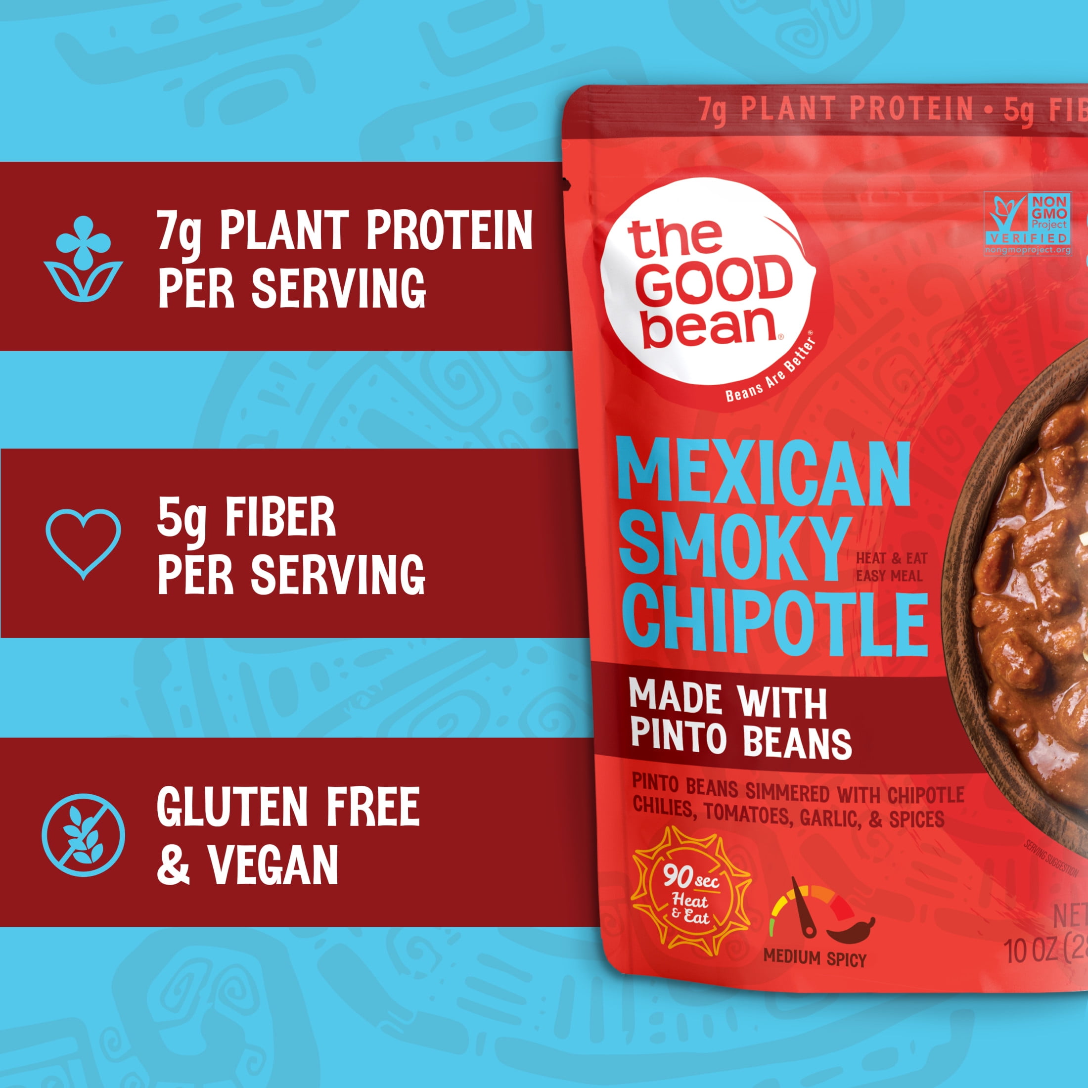 (4 pack) The Good Bean Heat and Eat Pouch, Mexican Smoky Chipotle Pinto Beans, 10 oz