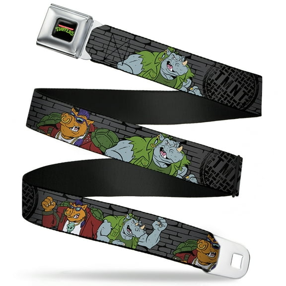 Nickelodeon Belt, Seatbelt Buckle Belt, TMNT Rocksteady Bebop Poses Bricks Gray Black, 30 to 44 Inches
