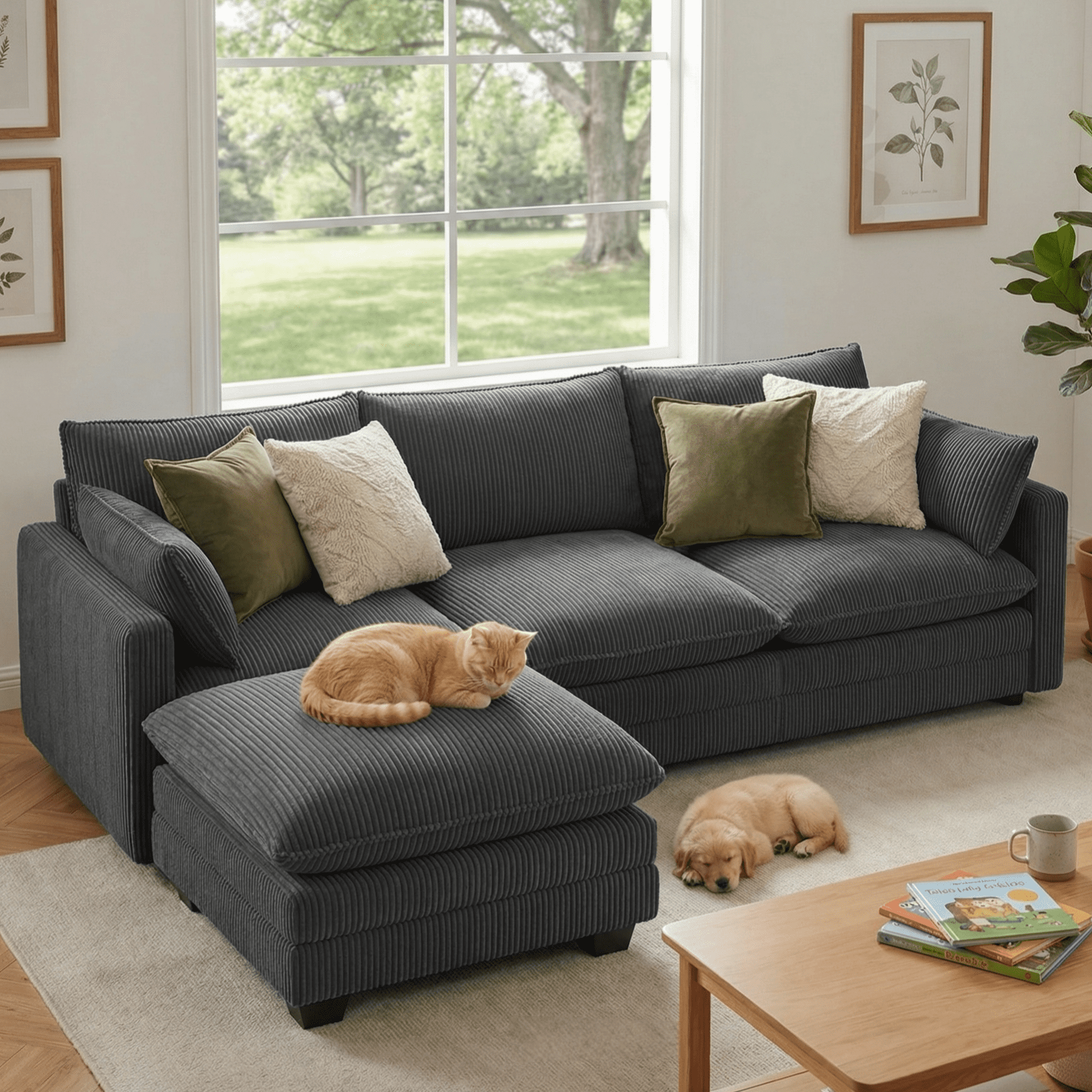 110'' Oversized L Shaped Couch for Living Room, Cloud Couches with Washable Corduroy Cover, Modern 4-Seater Comfy Deep-Seat Sofa with Movable Ottoman and 2 Throw Pillows for Apartment, Grey