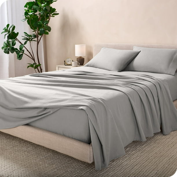 Bare Home Juego de Sábanas Queen de Franela 100 % Algodón de Lujo Bolsillo Profundo, 4 Piezas, Gris Claro