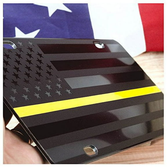 JASS GRAPHIX Dispatcher Thin Yellow Line American Flag License Plate Matte Black on 1/8" Black Aluminum Composite Heavy Duty Tactical Patriot USA Car Tag