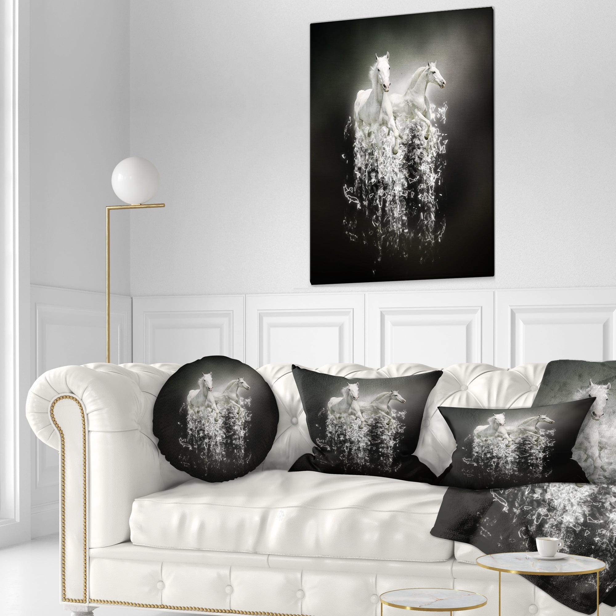 Designart Fantasy White Horses on Black - Animal Throw Pillow - 12x20
