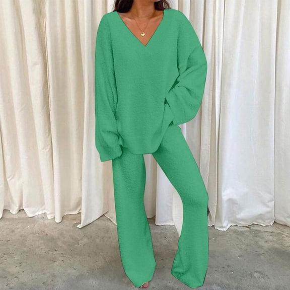 Naughtyhood Women Two Piece Outfits Casual Set V-Neck Long Sleeve Wide Leg Sweatsuit Solid Color Tops With High Waist Pants Baggy Warm Knit Pajama Sets Leisure Loose Loungwear Sets