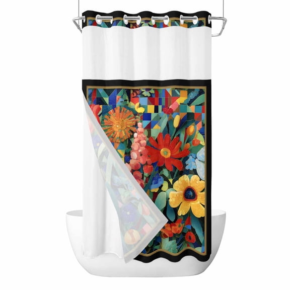 No Hook Spring Wildflowers Shower Curtain with Snap in Liner Set, Modern Abstract Art Daisy Floral Leaves Waterproof Bathroom Curtains with See Through Top Window, Hotel Style Small 36 x 72 Inch