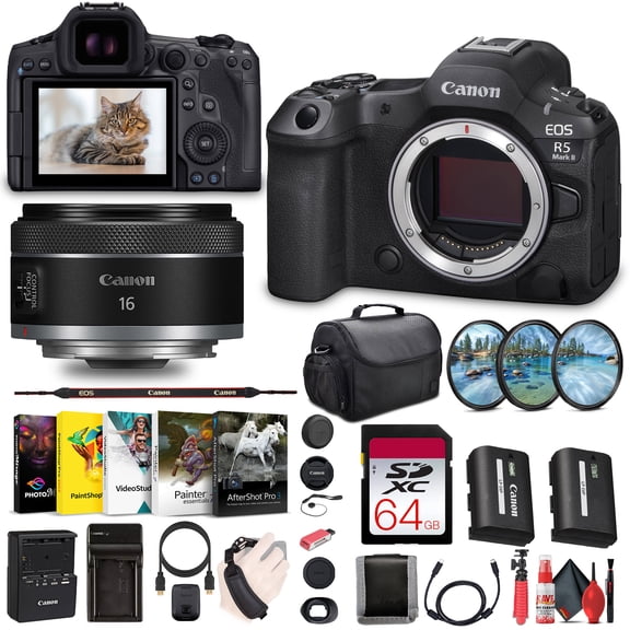 Canon EOS R5 Mark II Mirrorless Camera 45MP 8K   RF 16mm f/2.8 Lens Bundle 64GB Kit (International Model)