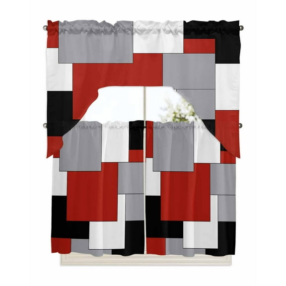 Red Grey Black Geometric Kitchen Curtains Swag Valance and Tier Curtains Set 36 Inch Length, Middle Century Modern Art Abstract Rod Pocket Drape Panels Pair Swag Curtains for Bathroom/Cafe/Window