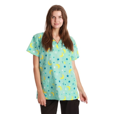 Just Love Women s Medical V-Neck Scrub Tops (Aqua - Moon and Stars 3X)