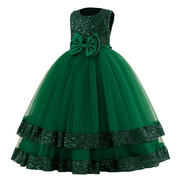Quotay Robe d'Été pour Filles, Robe de Soirée à Paillettes avec Nœud, Sans Manches, Robe de Fête à Manches Longues pour Anniversaire, Concours et Performance sur Scène, Longues Robes Vert,150