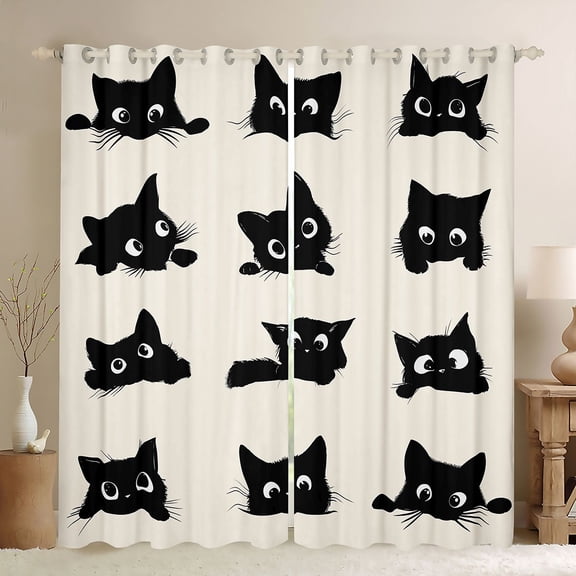 Homewish Kids Children Kawaii Cats Black Out Curtains,Black Wheat Curtains Pack of 2 (42x63 Each),Cartoon Animal Pet Bedroom Curtains,Microfiber Bedroom Decor