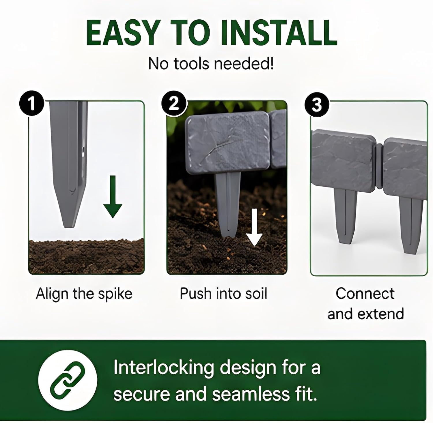 Imitation Stone Garden Fence No Dig Landscape Edging Faux Stone Garden Border Plastic Pound in Edging for Landscaping Flower Beds Yard Decorative Artificial Rock Edgers Bricks