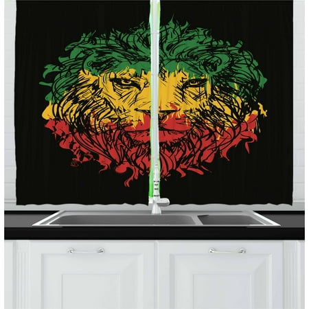 Pale Yellow Curtains And Drapes Rasta Curtains 2 Panels Set, Ethiopian Flag Colors on Grunge Sketchy Lion Head with Black Backdrop, Window Drapes for Living Room Bedroom, 55W X 39L Inches, Pale Green and Yellow, by Ambesonne ()