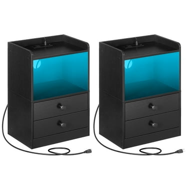 HOOBRO Set of 2 Nightstand with Charging Station and LED Light Strip Side Table with 2 Drawers Bedroom Cloakroom Black BK28UDBZP201