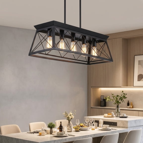 Vellahome Five-lamp farmhouse-style chandelier, black solid metal ceiling light, suitable for lighting in dining rooms and country-style kitchen islands, height adjustable, black.