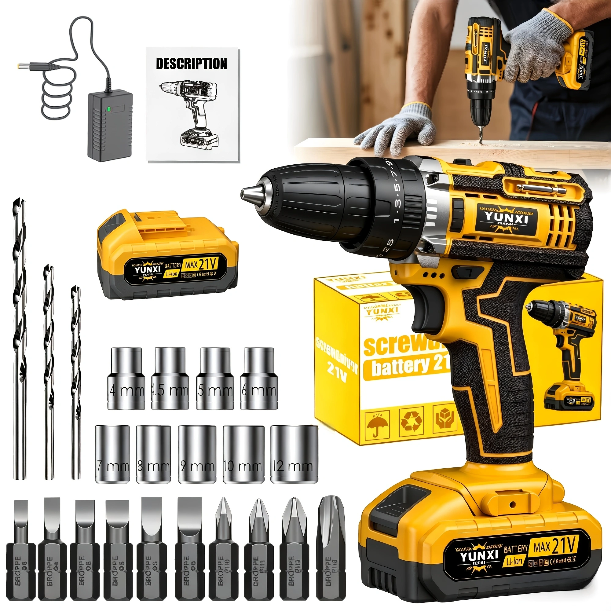 Cordless Impact Drill with Work Light, 1/2 in Variable Speed Driver for Home Maintenance, Lightweight Design