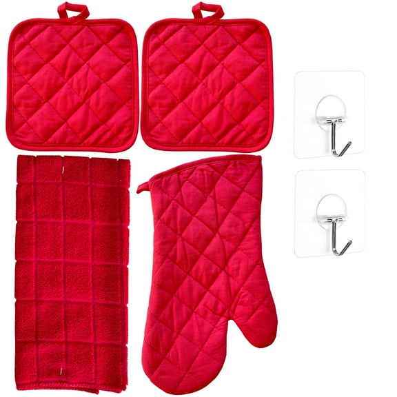 Designer Kitchen Linen Set | Oven Mitt, Soft Absorbent Cotton Towel, & 2 Pot Holder | Lightweight & Decorative for Cooking Baking Housewarming Gift - Heavy Duty Self Adhesive Hook Included (Red) C9
