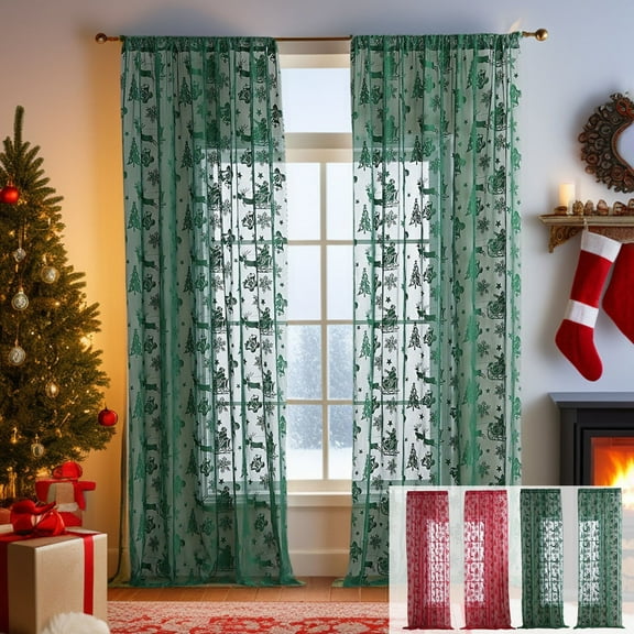 Xuniizn Christmas Curtains Window Set of 2 Red Lace Sheer Curtains for Xmas Decor Privacy Half Short Curtain Panels for Living Room Bathroom Windows 39x55"