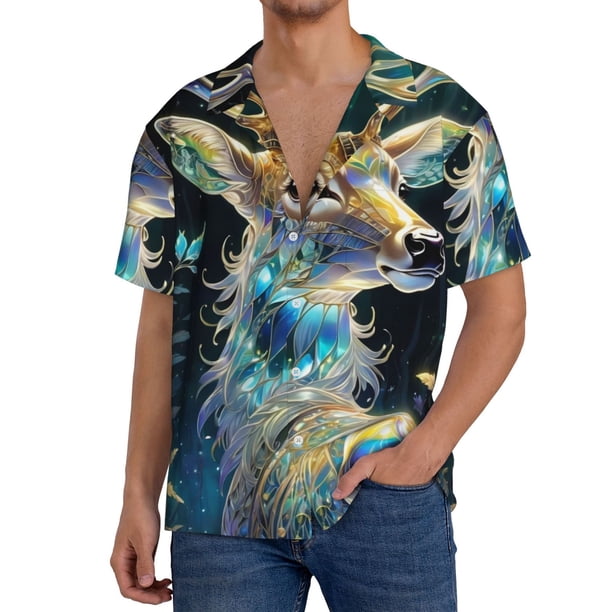 Fotbe Colorful Stained Glass Deer Camisa Estampada de Manga Corta para Hombre, Casual de Verano, Estilo Playero, Sin Arrugas-3X-Large
