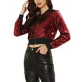 thumbnail image 4 of INSPIRE CHIC Women's Sequin Sparkle Zipper Cropped Bomber Jacket XL Red-A, 4 of 6