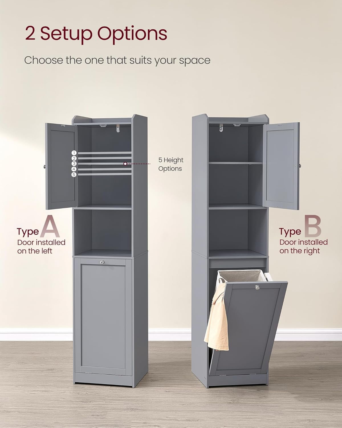 Tall Bathroom Cabinet with Laundry Basket, Removable Laundry Basket with Handles, Compartment with Door, Linen Tower, 15.8 x 15.8 x 66.9 Inchees, Dove Gray