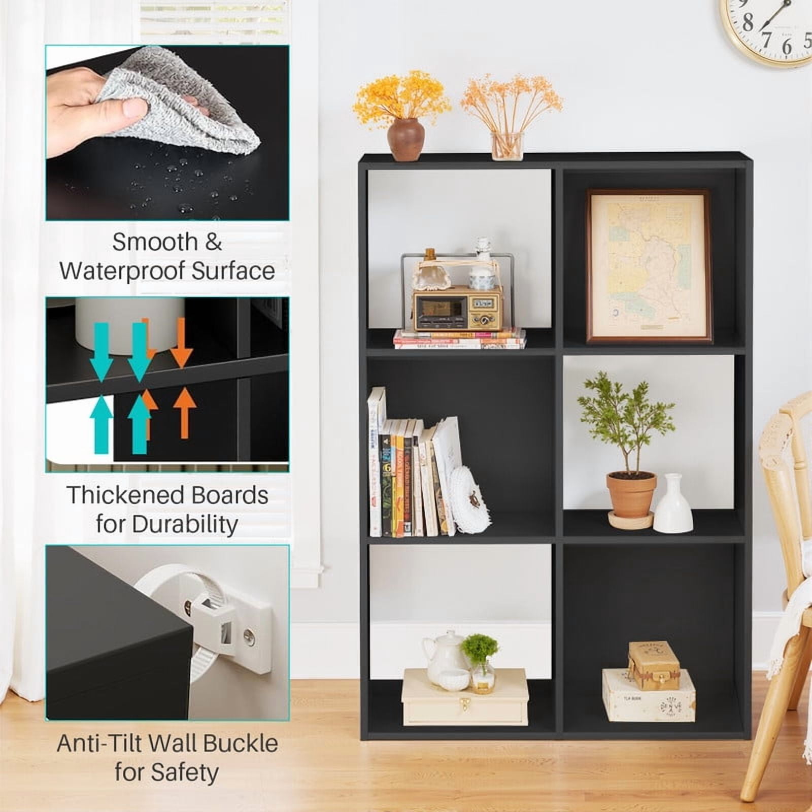 Beddle 6-Cube Storage Organizer, Open Bookshelf with Removable Back Panels, Black Wood Bookcase for Living Room, Bedroom and Home Office