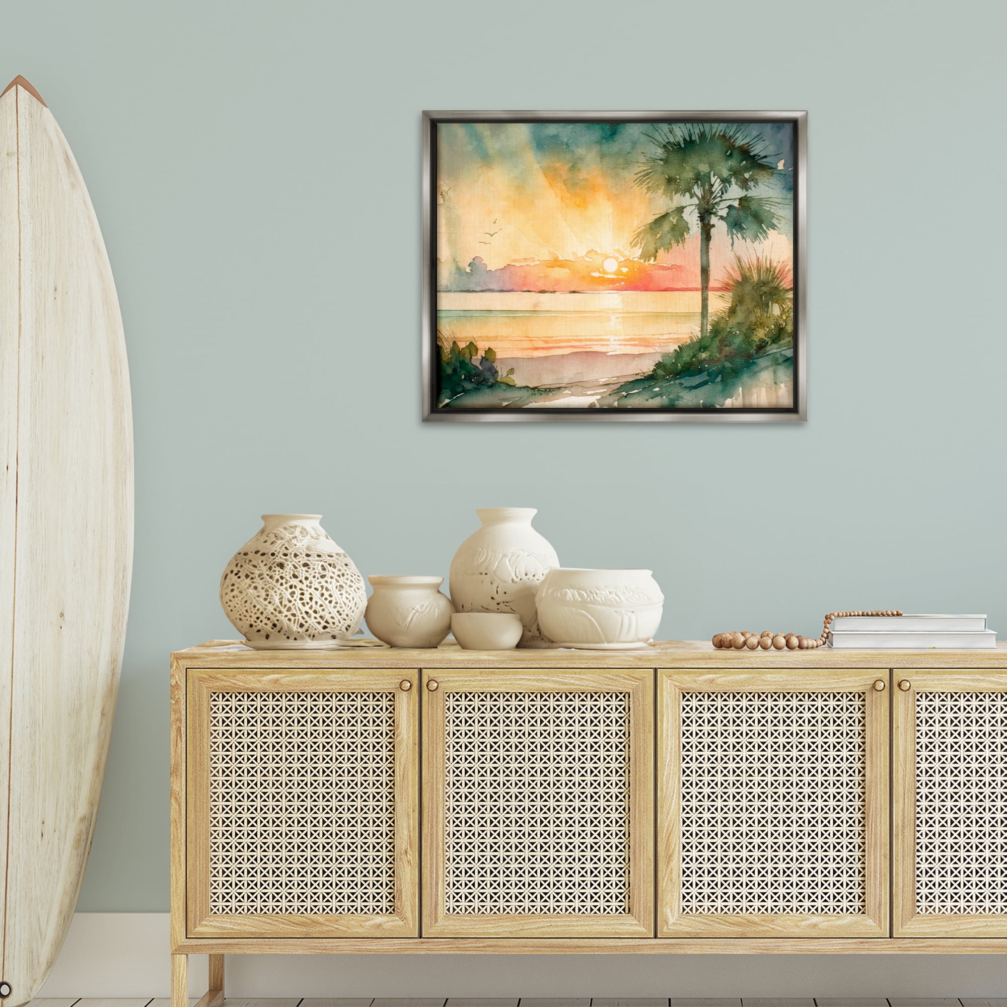 Stupell Industries Sunrise Through Palms Landscape & Nature Painting Gray Floater Framed Canvas Art Print Wall Art, 31 x 25