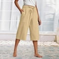 thumbnail image 2 of JJHGVB Cotton Linen Capris for Women Workout Shorts Long Shorts Cotton Linen Pants Wide Leg Capri Pedal Pushers for Women Linen Bermuda Shorts for Women Elastic Waist Shorts Below the Knee Beige L, 2 of 6