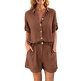 thumbnail image 2 of 2 Piece Summer Sets for Women Ndbuld Women's Summer And Linen Set Casual Collar Button Up Shirt+wide Leg Shorts Set Two-piece Set Beige M, 2 of 9