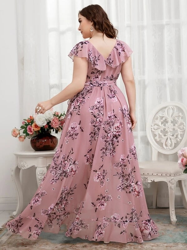 floral print ruffle trim belted dress