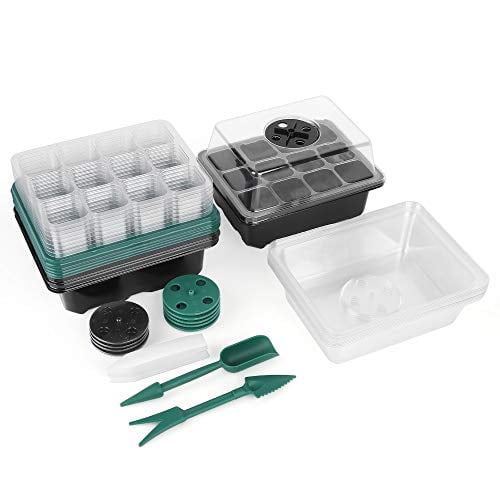 12 Cells per Tray, 5 Green & 5 Black Acmind 10 Packs Seed Starter Trays Seedling Tray Humidity Adjustable Kit with Dome and Base Greenhouse Grow Trays Mini Propagator for Seeds Growing Starting 