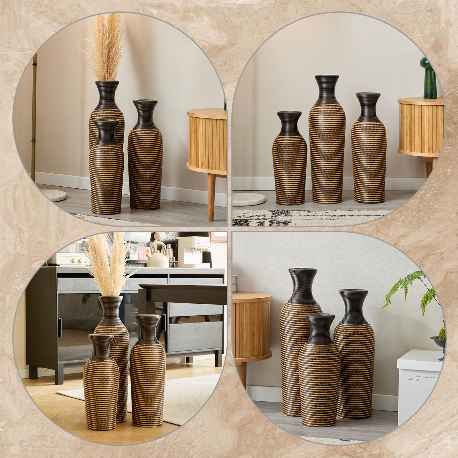 Aukfa Tall Floor Vase Set of 3, Extra Large Metal Decorative Vases for Living Room Dining Room Bedroom,Brown