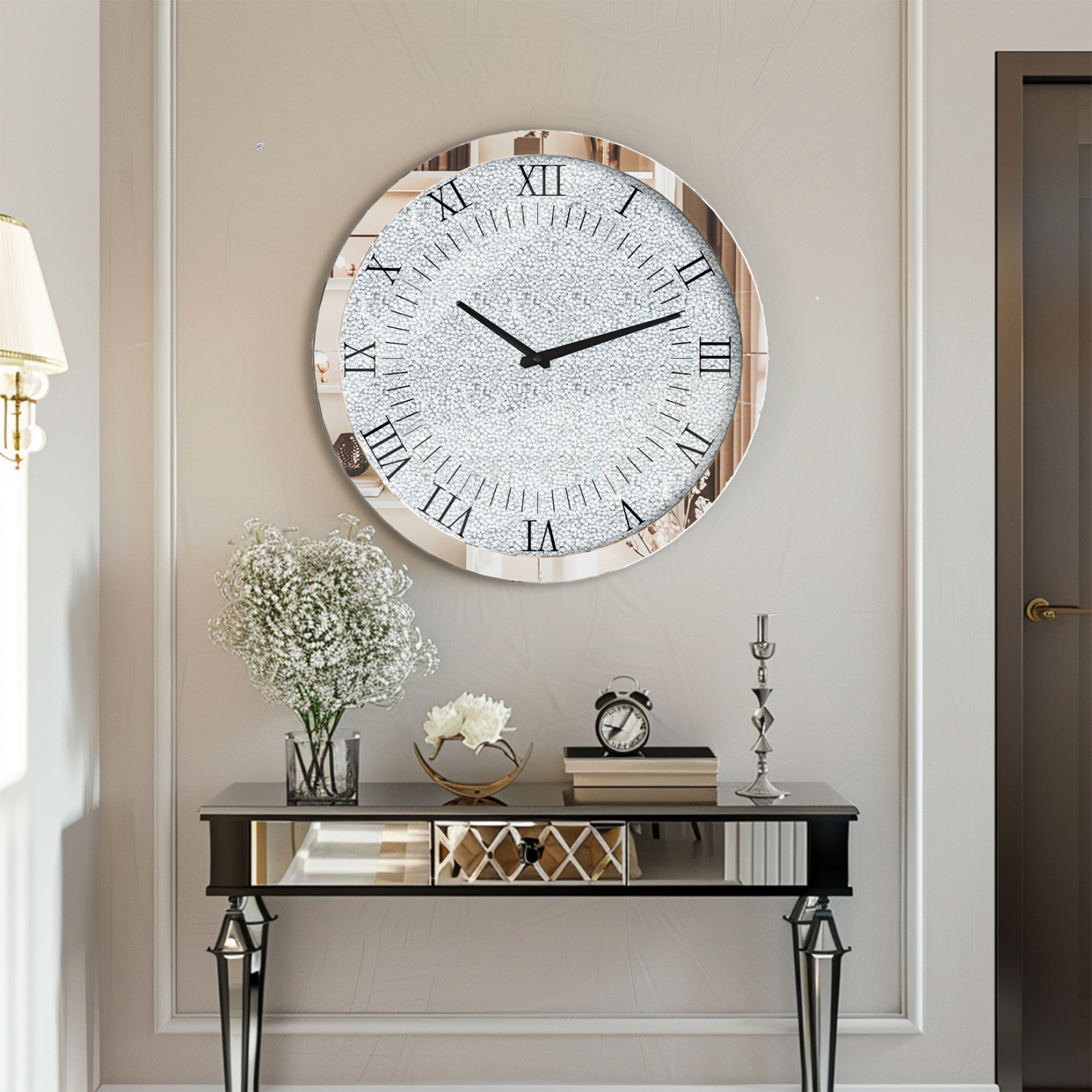 LUVODI 23.62x23.62 inch Crushed Diamond Wall Clock Crystal Twinkle Wall Hanging Clocks with Silver Bevels Edging