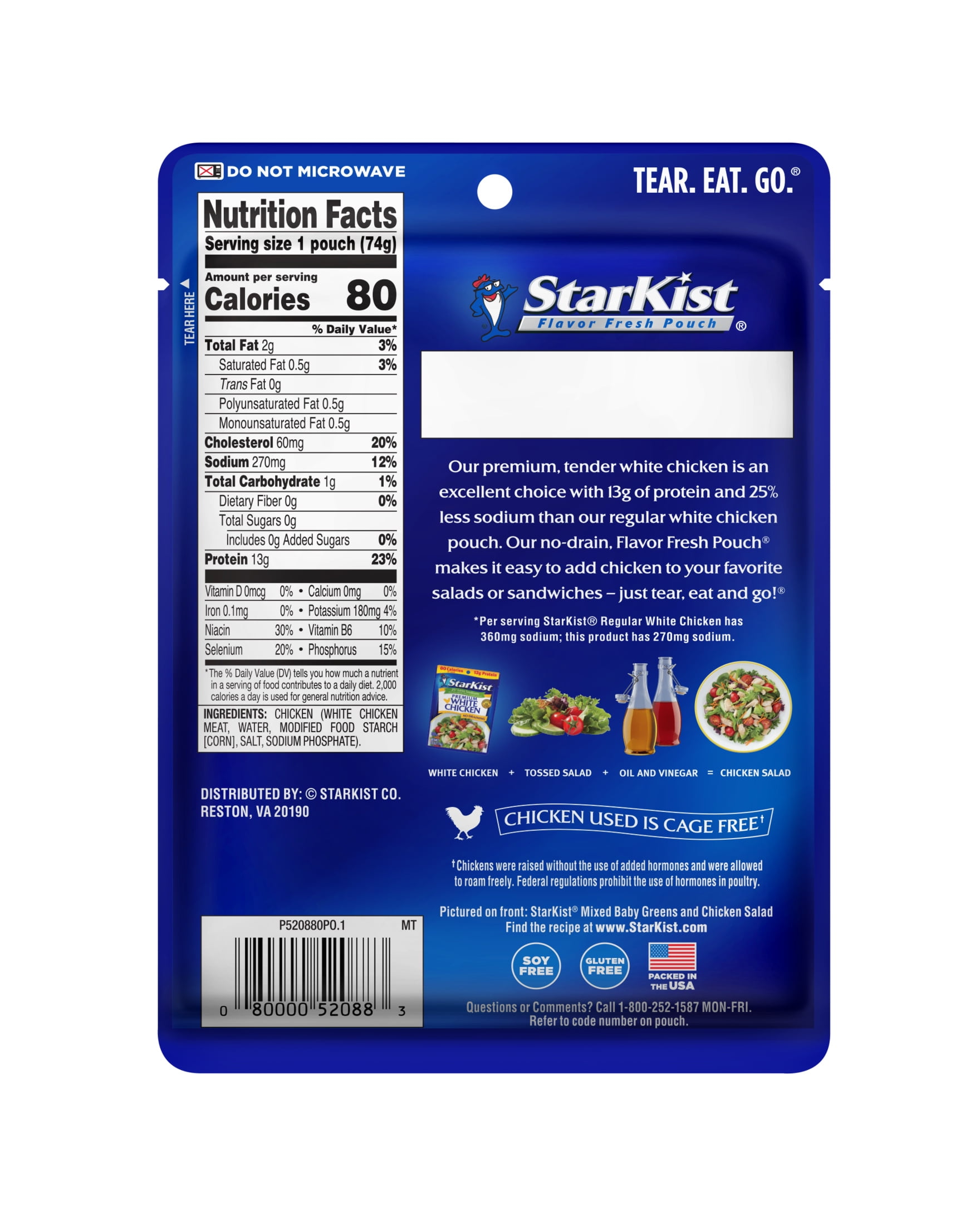 StarKist Premium White Chicken, 25% Less Sodium, Gluten Free, 13g Protein, 2.6 oz Pouch