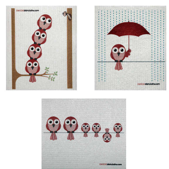 SWEDEdishcloths 3 PK (Mixed Redbirds) All-Purpose Dischloth for Cleaning
