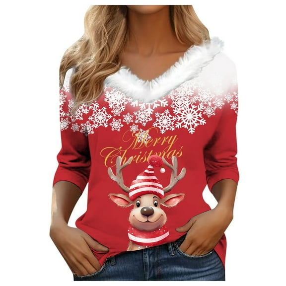 Womens Tops Long Sleeve Shirts With Collar Festive Christmas Print Fashion Fall Clothes for Women Tees Blouses Red 3XL