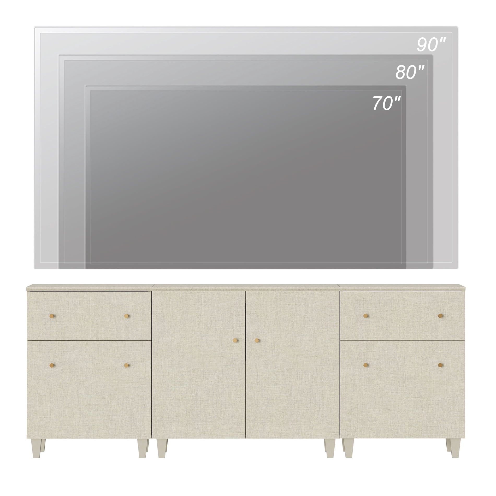WAMPAT TV Stand for 85+ Inches TVs, 3-in-1 Modern Wooden Media Console with 2 Spacious Drawers and 3 Storage Cabinets for Living Room, Beige