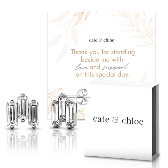 Cate & Chloe Jovie 18k White Gold Plated 3-Stone Baguette Shape Stud Earrings & To Bridesmaid Leaf Card For Women