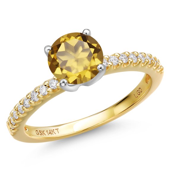 Gem Stone King 14K Two Tone Gold Champagne Quartz and Lab Grown Diamond Engagement Ring for Women | 1.41 Cttw | Round 7MM | Gemstone Birthstone | Size 5