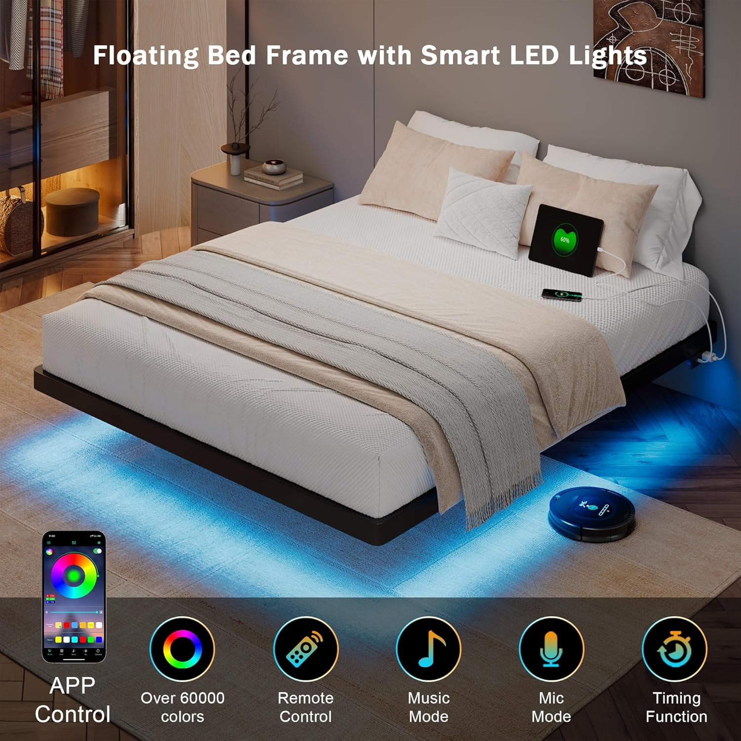 Honfach Full Size Floating Bed Frame with Led Lights and Charging Station, Metal Bed Frame with Heavy Duty Steel Slats Supports, Black