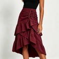 thumbnail image 2 of Women Drawstring Ruched Midi Skirt, High Low Asymmetrical Tiered Ruffle Wrap Skirt, High Waist Flowy Irregular Hem A Line Skirt Wine M(M), 2 of 5