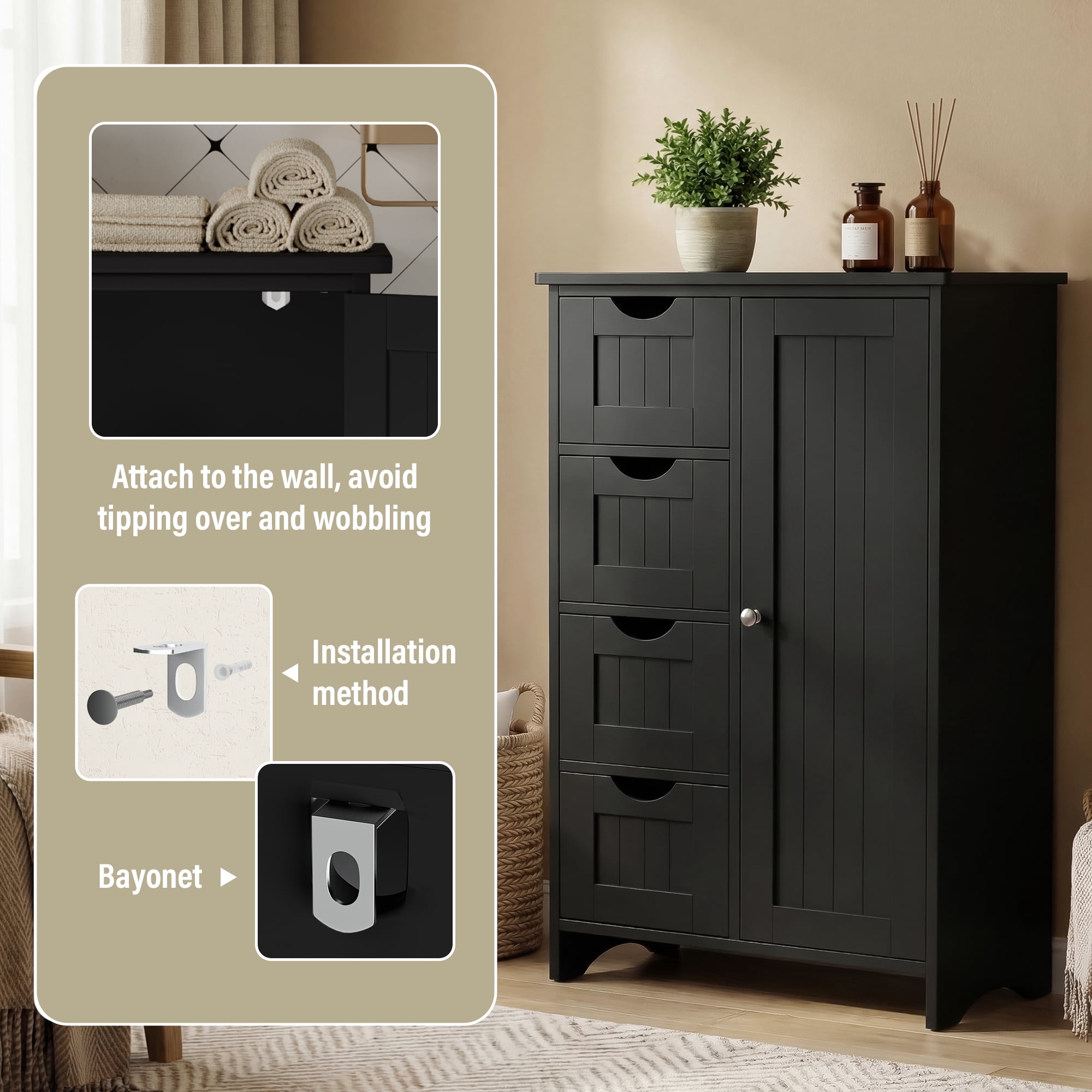 Furmax Wooden Bathroom Floor Cabinet with 4 Drawers, 1 Adjustable Shelf & 1 Cupboard，Side Storage Organizer Storage Cabinet for Bathroom, Entryway, Black