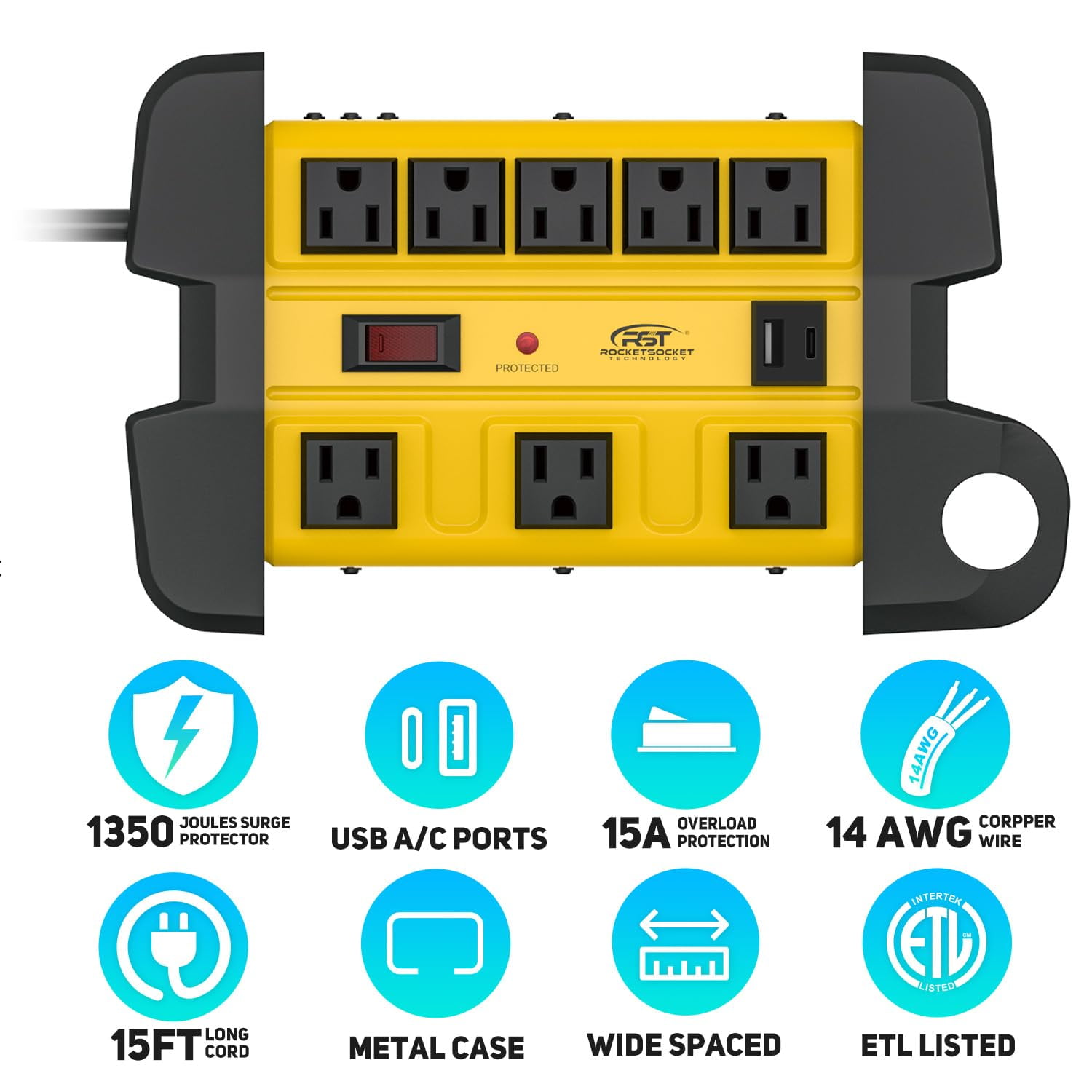 CRST Heavy Duty Surge Protector Power Strip with USB-C Ports, 8-Outlet Metal Industrial Power Block with 15A Circuit Breaker, 15ft Extension Cord, 1350 Joules for Workshop, Garage, Office, Shop…