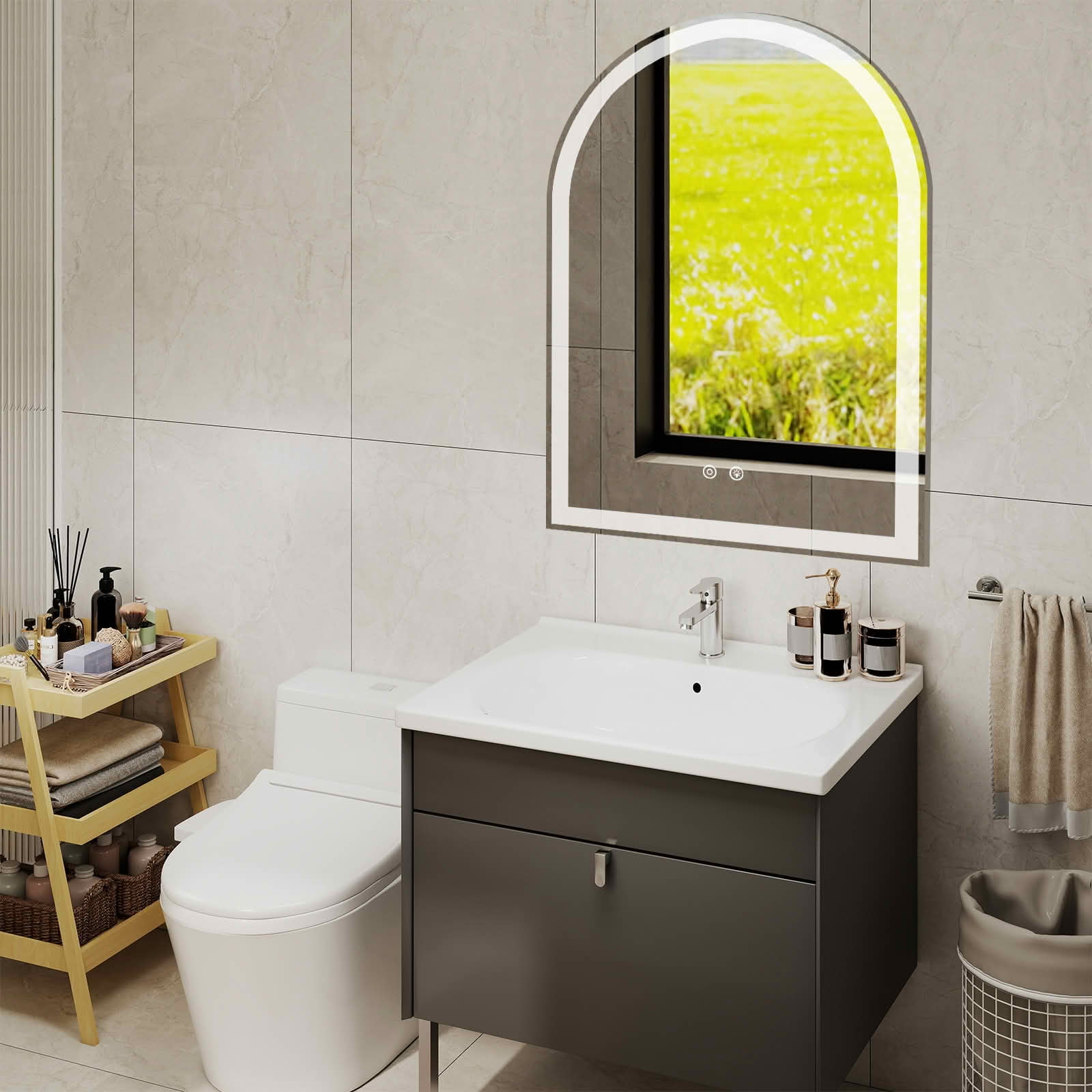 MAYEERTY 28x36 Inch Arched LED Bathroom Mirror with Charging, Anti-fog 3-Color Memory Dimming Dual Light