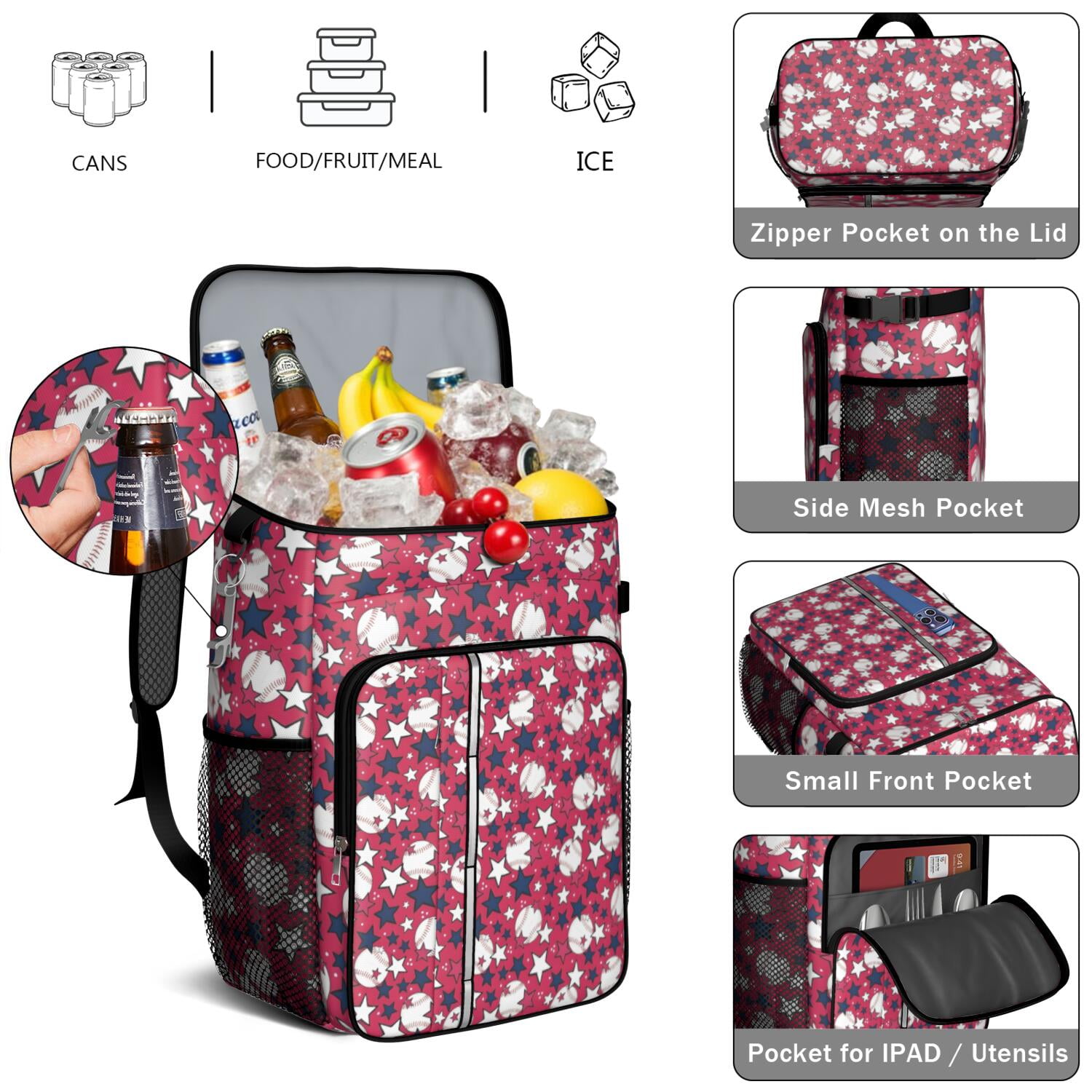 Travel Cooler Bag - Red Baseballs and Stars Pattern Camping Beer Cooler Backpack with Bottle Opener- Waterproof Insulated Picnic Backpacks - Cooler Bag for Beach