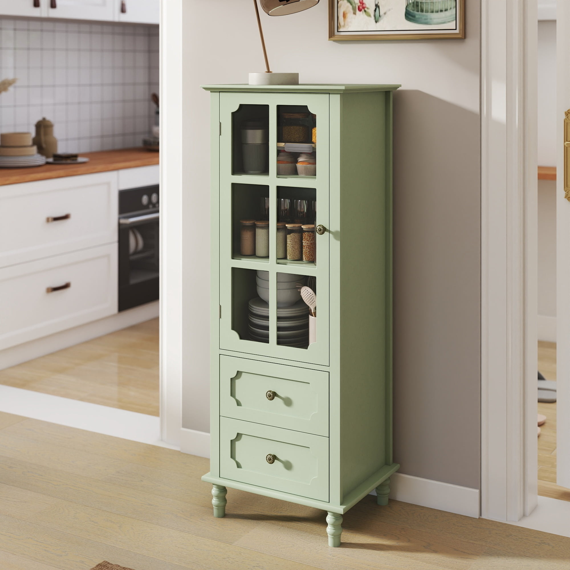 Leumius Minimalism Buffet Cabinet with Glass Doors and Double Drawer, Modern Wooden Storage Sideboard Cupboard for Living room Dining Room Hallway Entryway Green