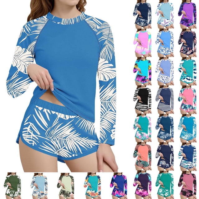 MKOSPLRT Girl Long Sleeve Sun Protection Rashguard Girls Rash Guard Swimsuits 2 Pieces Bathing Suits Printed Girls' Swimwear 6-15Years