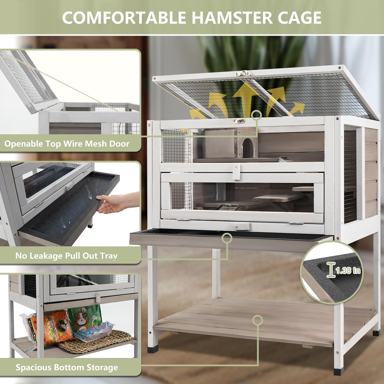 Gowoodhut Hamster Cages Wooden Guinea Pig Cage Indoor with Hideout for Small Animals, Gray