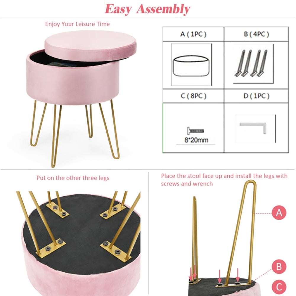 Finihen Round Velvet Storage Ottoman, Footrest Stool, Vanity Chair with Metal Legs, for Living Room, Bedroom, Pink Finihen Round Velvet Storage Ottoman, Footrest Stool, Vanity Chair with Metal Legs, for Living Room, Bedroom, Pink
