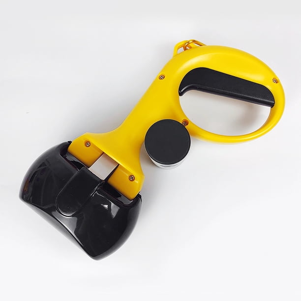 Recogedor de excrementos de mascotas amarillo con bolsa y pala, con asa y clip.