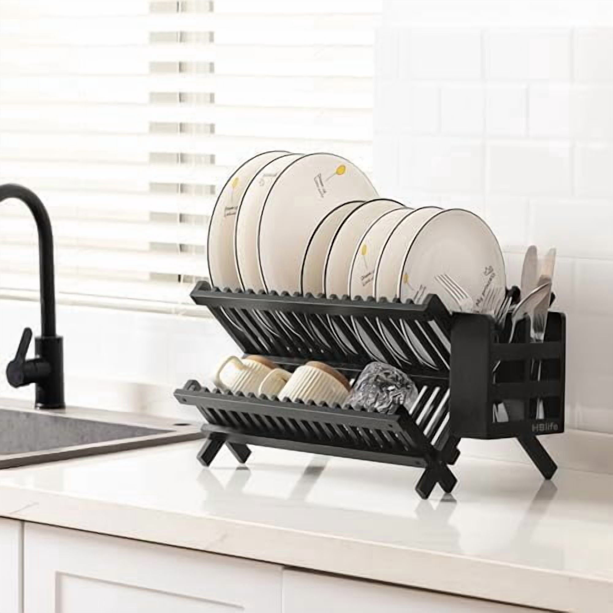 Dish Rack, Black Bamboo Folding 2-Tier Collapsible Drainer Dish Drying Rack with Utensils Flatware Holder Set (Dish Rack with Utensil Holder)