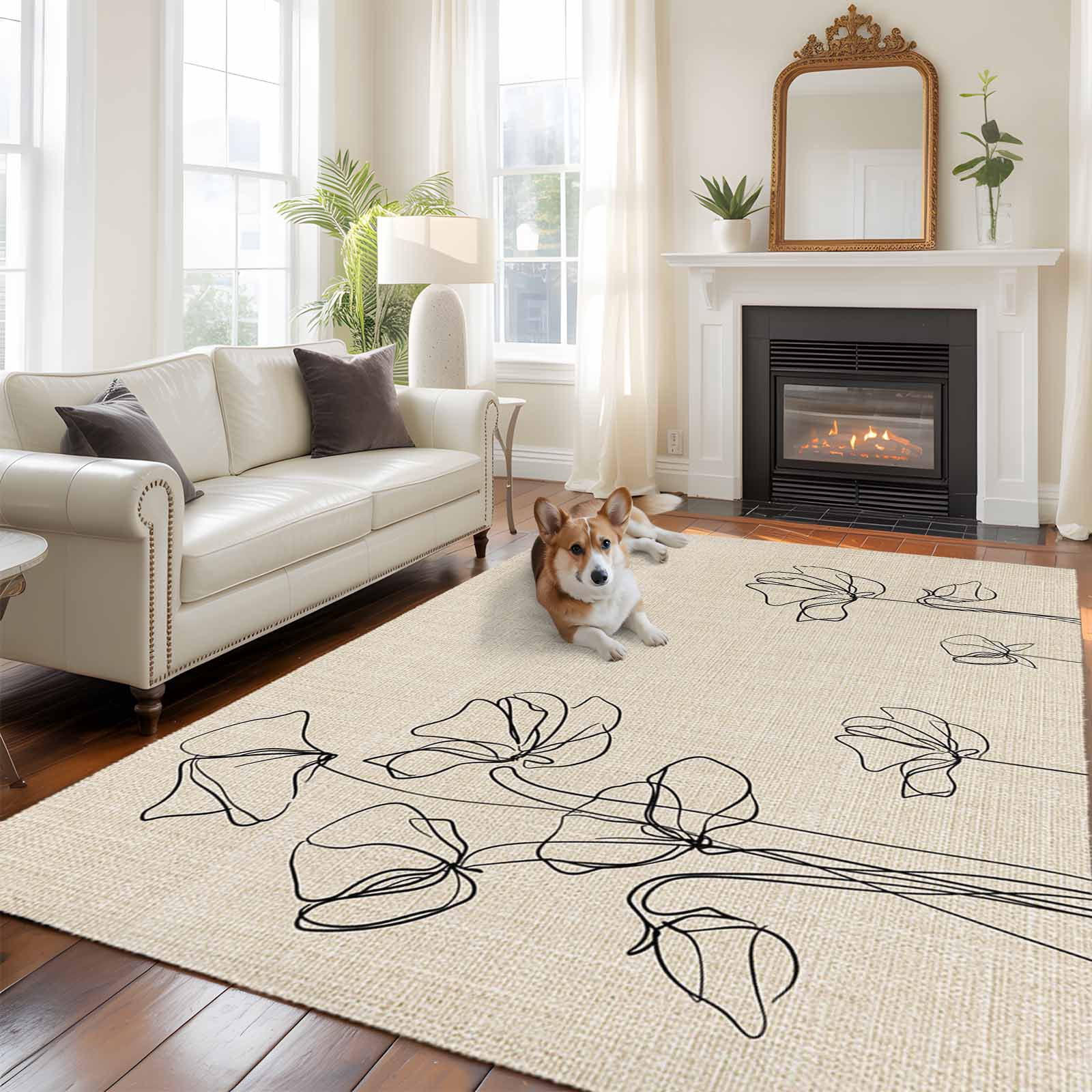 Rectangle Area Rugs 6 x 9 Ft, Retro Beige Flowers Non-Slip Residential Carpet, Rustic Abstract Floral Simple Art Indoor Crawling Mats Runner Rugs for Living Room/Dining Room/Bedroom